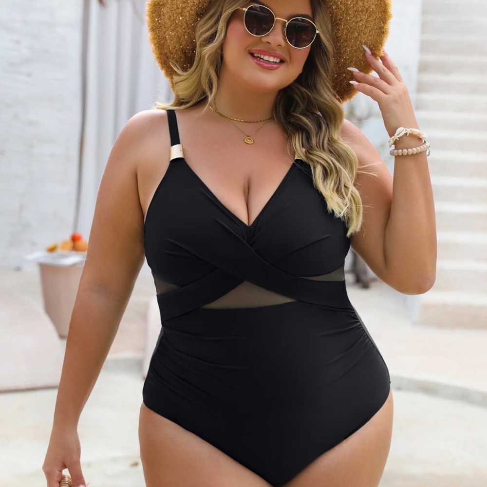 Blooming Jelly Tummy Control Mesh with Gold Metal Detail One Piece Swimsuit Sz L
